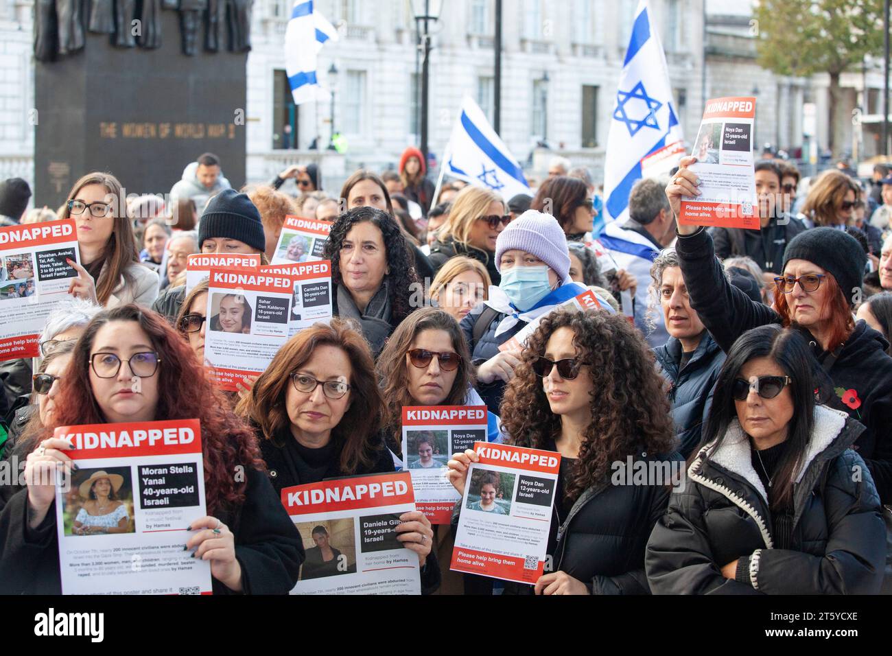 London, UK. 7th Nov, 2023. A vigil takes place for Israeli kidnap victims opposite Downing Street, in Westminster. Today marks one month since the Black Saturday 7 October Hamas attacks on Israel. Families of kidnap victims fear they are being forgotten as controversy continues about the bombardment of Gaza. Chants of Bring Them Home were sung, as well as prayers for the dead and kidnapped and a minute's silence was held. Credit: Anna Watson/Alamy Live News Stock Photo