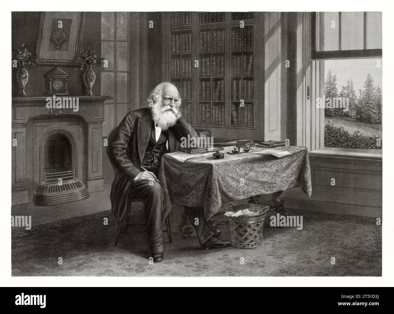 Old print showing William Cullen Bryant (1794 – 1878), American romantic poet. By Hollyer, publ. ca 1876 Stock Photo