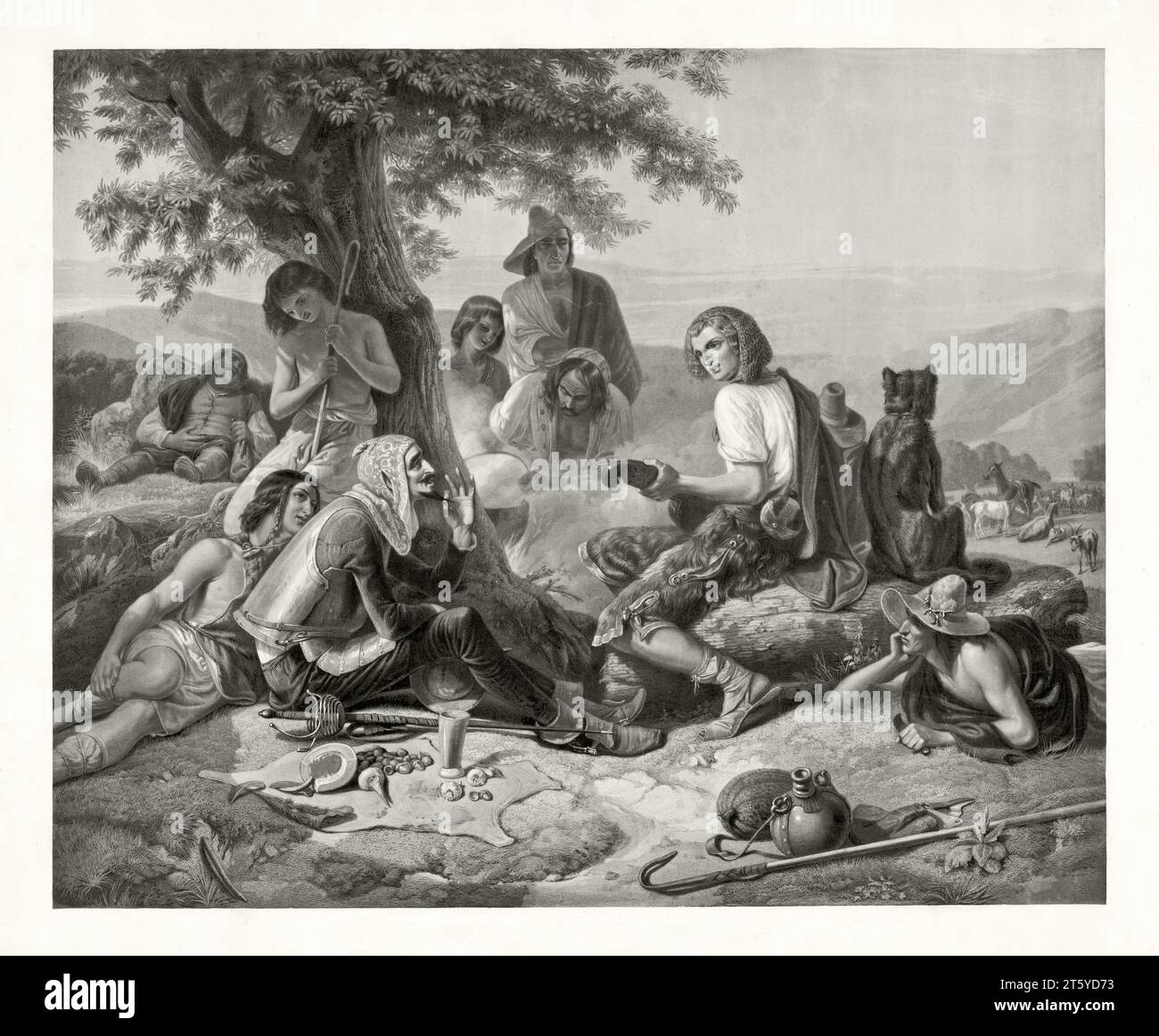 Old illustration depicting Don Quixote resting with shepherds under a tree. By Jazet, publ. in Paris, ca. 1845 Stock Photo