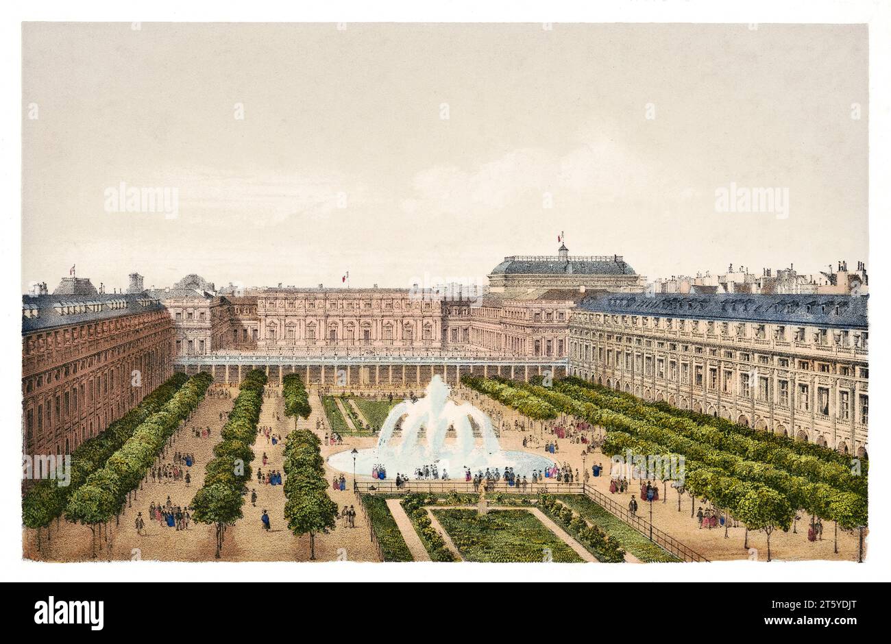 Old view of Royal Palace garden, Paris. By Benoist, publ. in Paris, ca 1855 Stock Photo