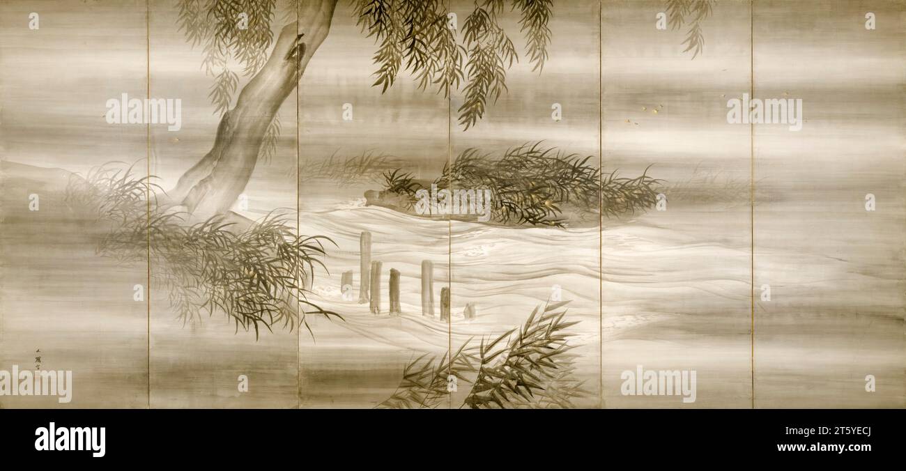Shiokawa Bunrin, River Landscape with Fireflies, painting in ink and gold paint on paper mounted onto a six-panel screen, 1874 Stock Photo