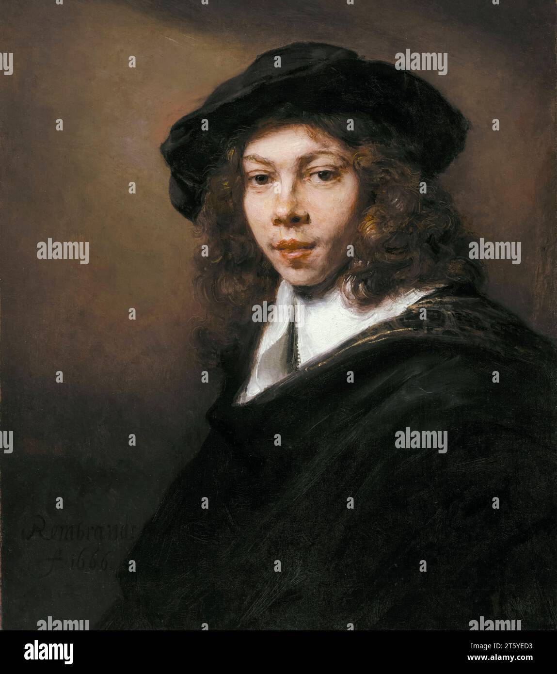 Rembrandt van Rijn, Young Man in a Black Beret, portrait painting in oil on canvas, 1666 Stock Photo
