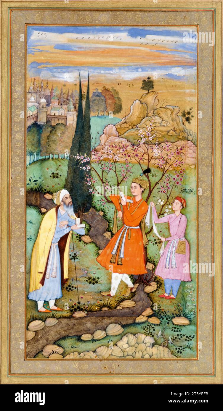 Leaf from the Muraqqa Gulshan, The Poet and the Prince, illuminated manuscript watercolour painting in ink and gold by Salim Quli (Aqa Reza Heravi), 1595-1597 Stock Photo