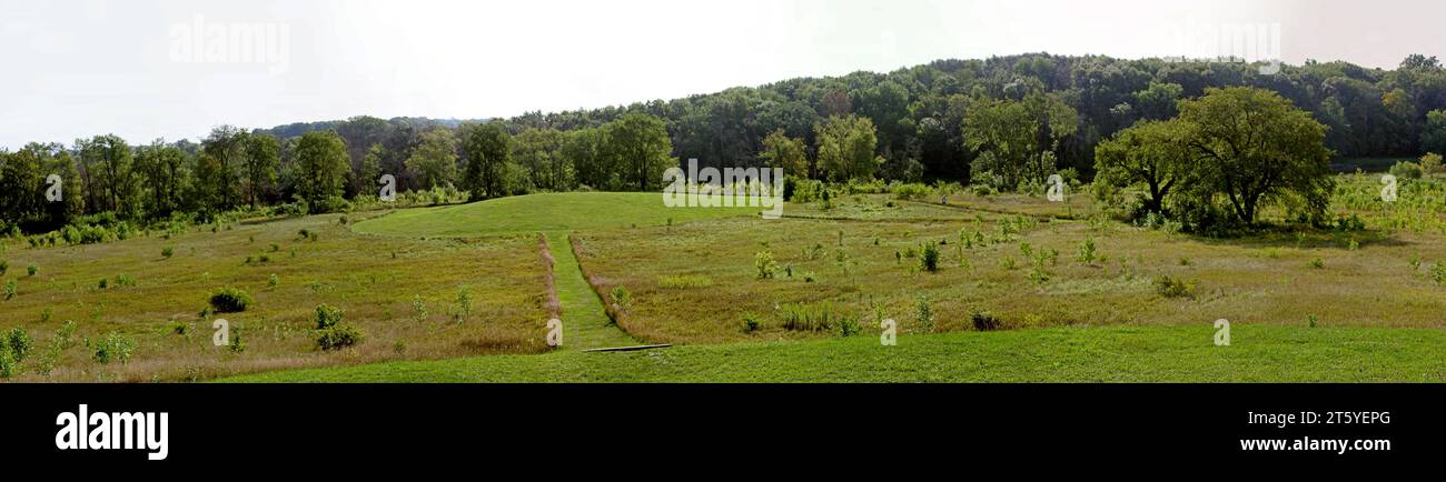 Mound pyramids, native American. Wide panorama image. Aztalan State Park, historic site near Lake Mills, Wisconsin. National Register of Historic Plac Stock Photo