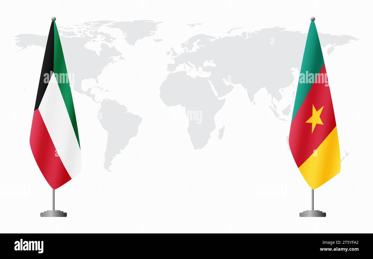 Kuwait and Cameroon flags for official meeting against background of world map. Stock Vector