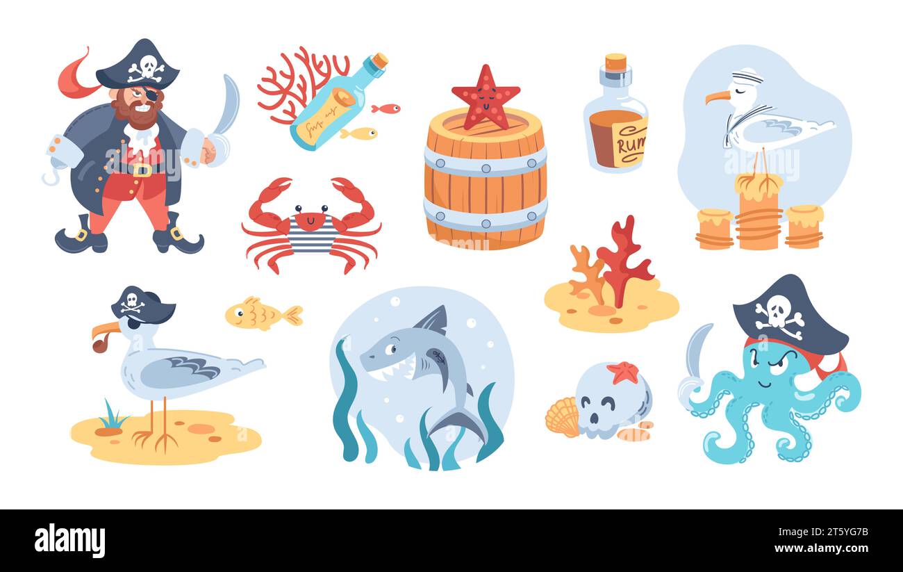 Childrens pirate set. Set of cartoon characters. Ship captain with hook and cocked hat. Octopus with a saber. Shark and seagull sailors, crab in vest, Stock Vector