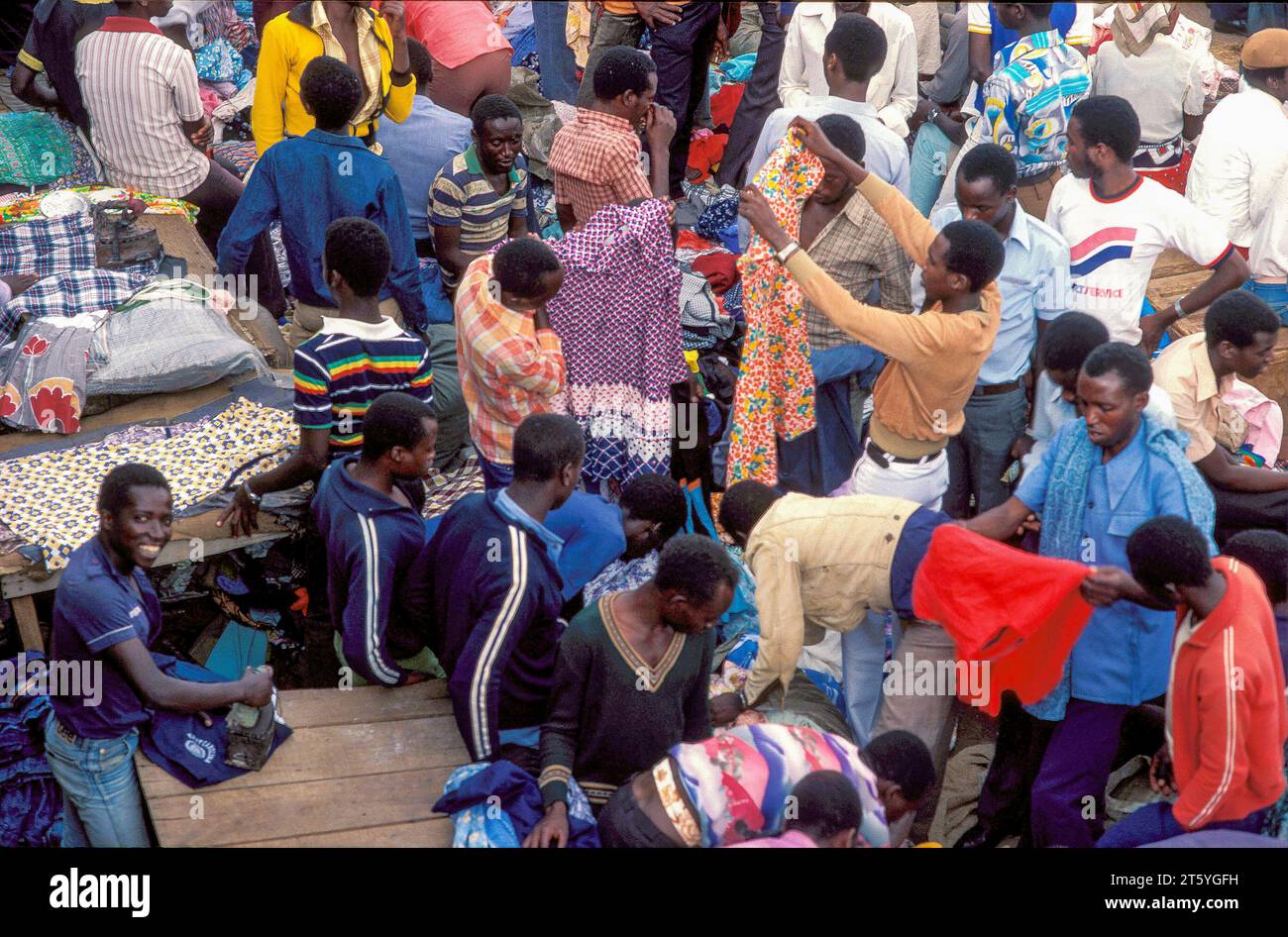 Rwanda, Gisenye; Clothing market with second-hand clothing from Europe that has been donated Stock Photo
