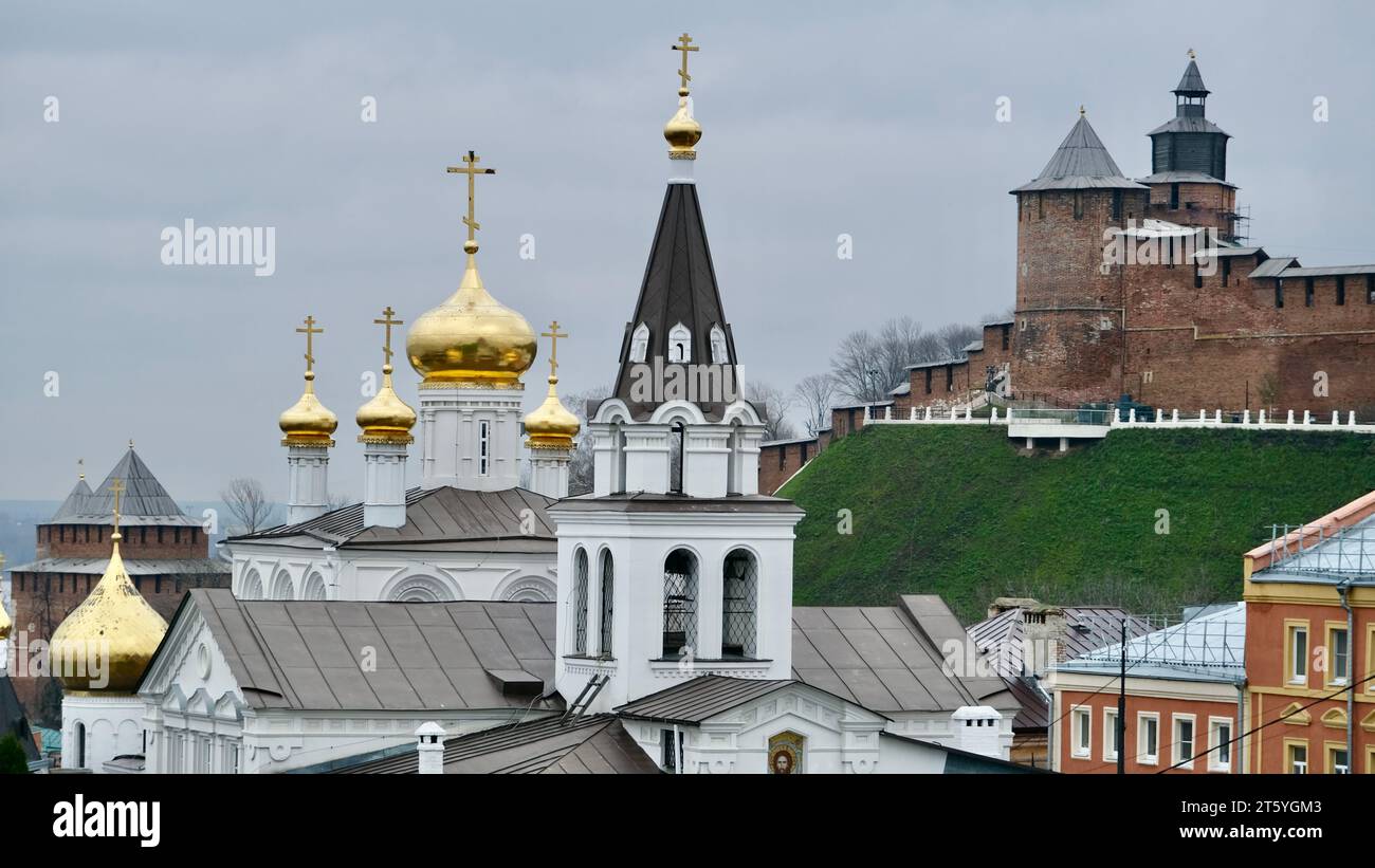 Church of Elijah the Prophet against the backdrop of the Nizhny Novgorod Kremlin with a new observation deck Stock Photo
