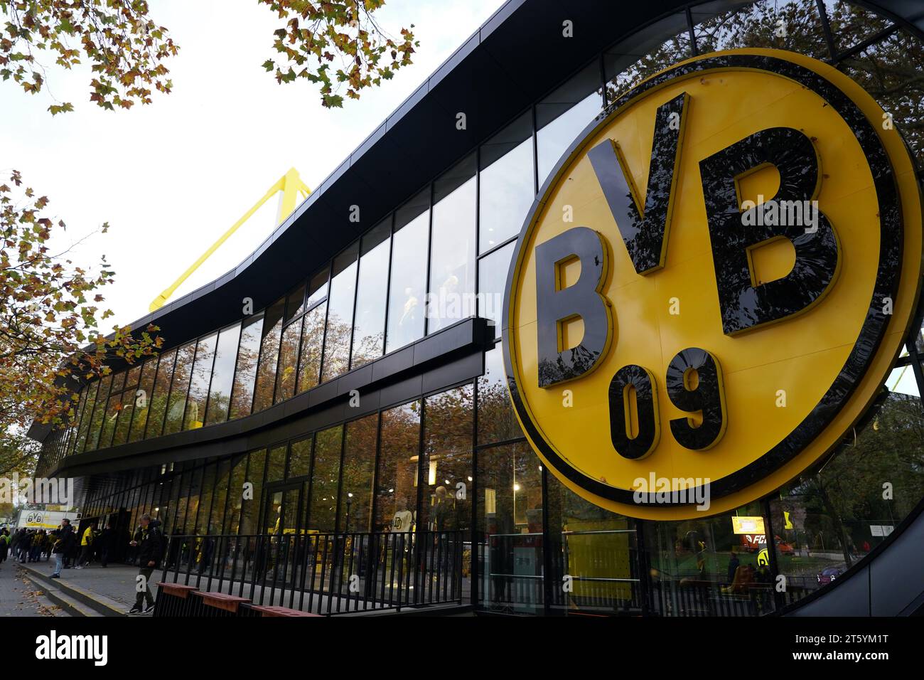 A general view of the Borussia Dortmund team logo on the club shop ahead of the UEFA Champions League Group F match at Signal Iduna Park, Dortmund. Picture date: Tuesday November 7, 2023. Stock Photo