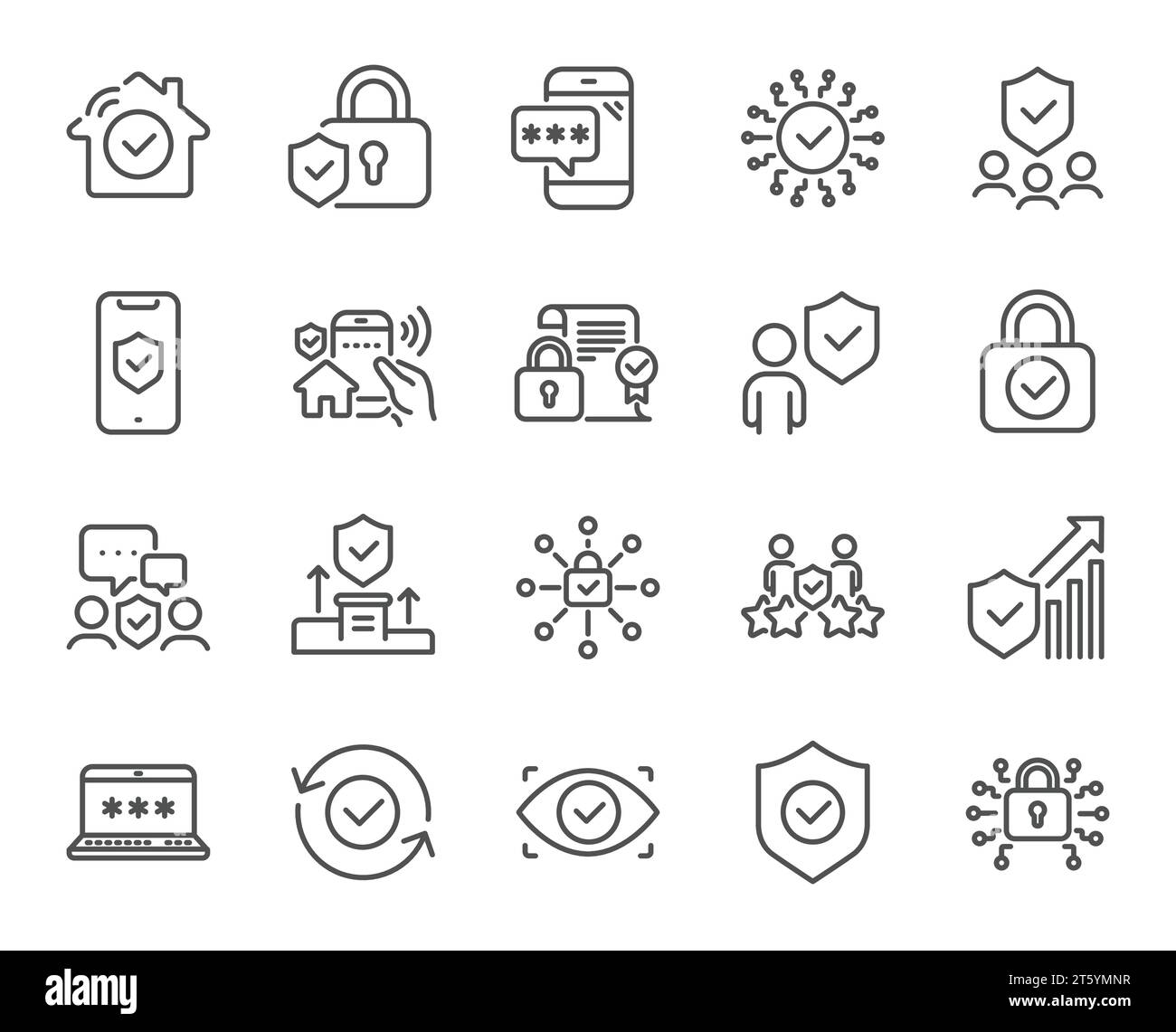 Security line icons. Cyber lock, password, unlock. Guard, shield, home