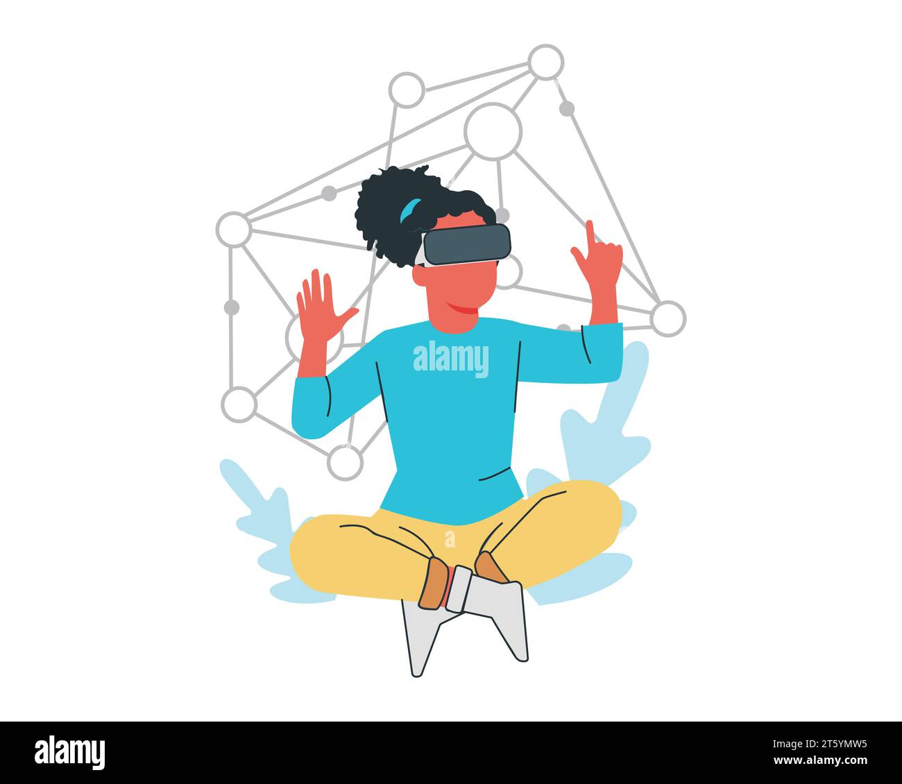 Young man wearing virtual reality goggles and sitting in lotus pose. Vector illustration Stock Vector