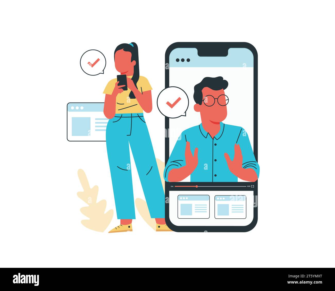 young Man and woman using mobile phone for communication. Vector illustration in flat cartoon style on white background. Stock Vector