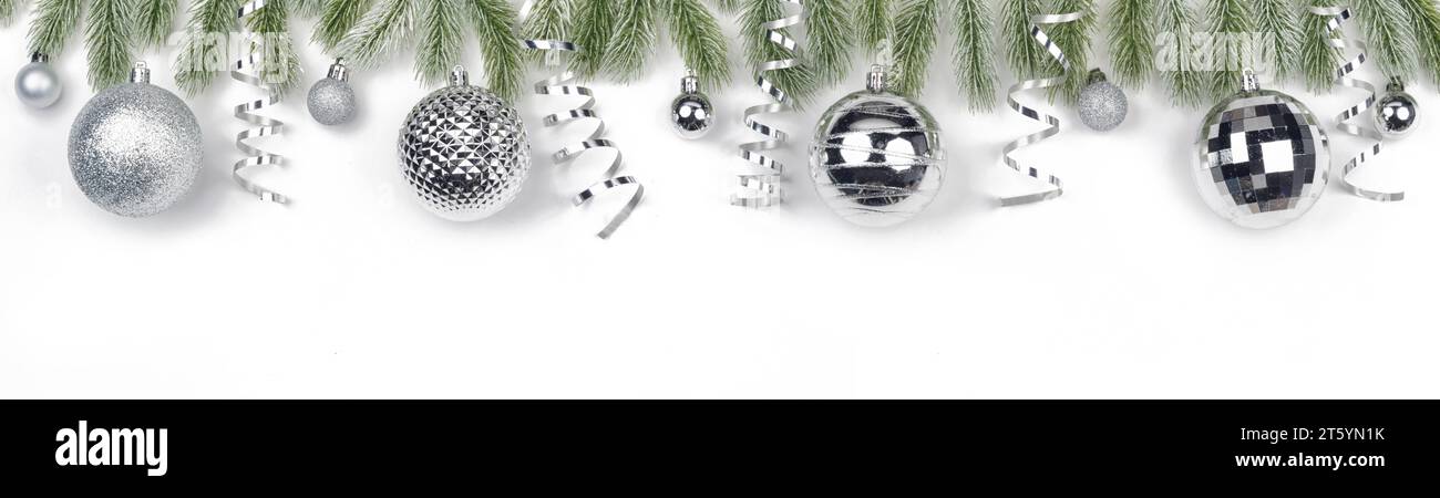 christmas frame with silver balls and fir branches Stock Photo - Alamy