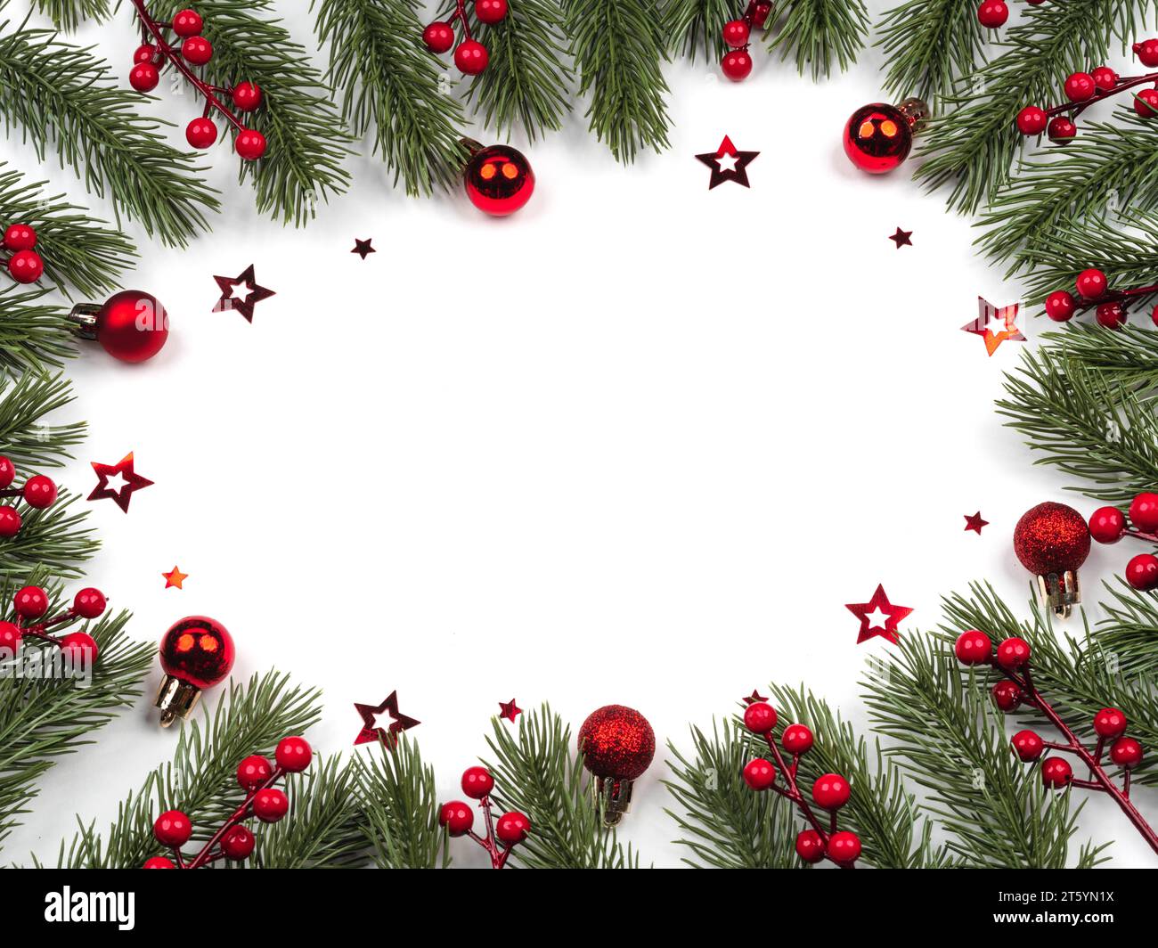 christmas frame with red balls and fir branches Stock Photo - Alamy