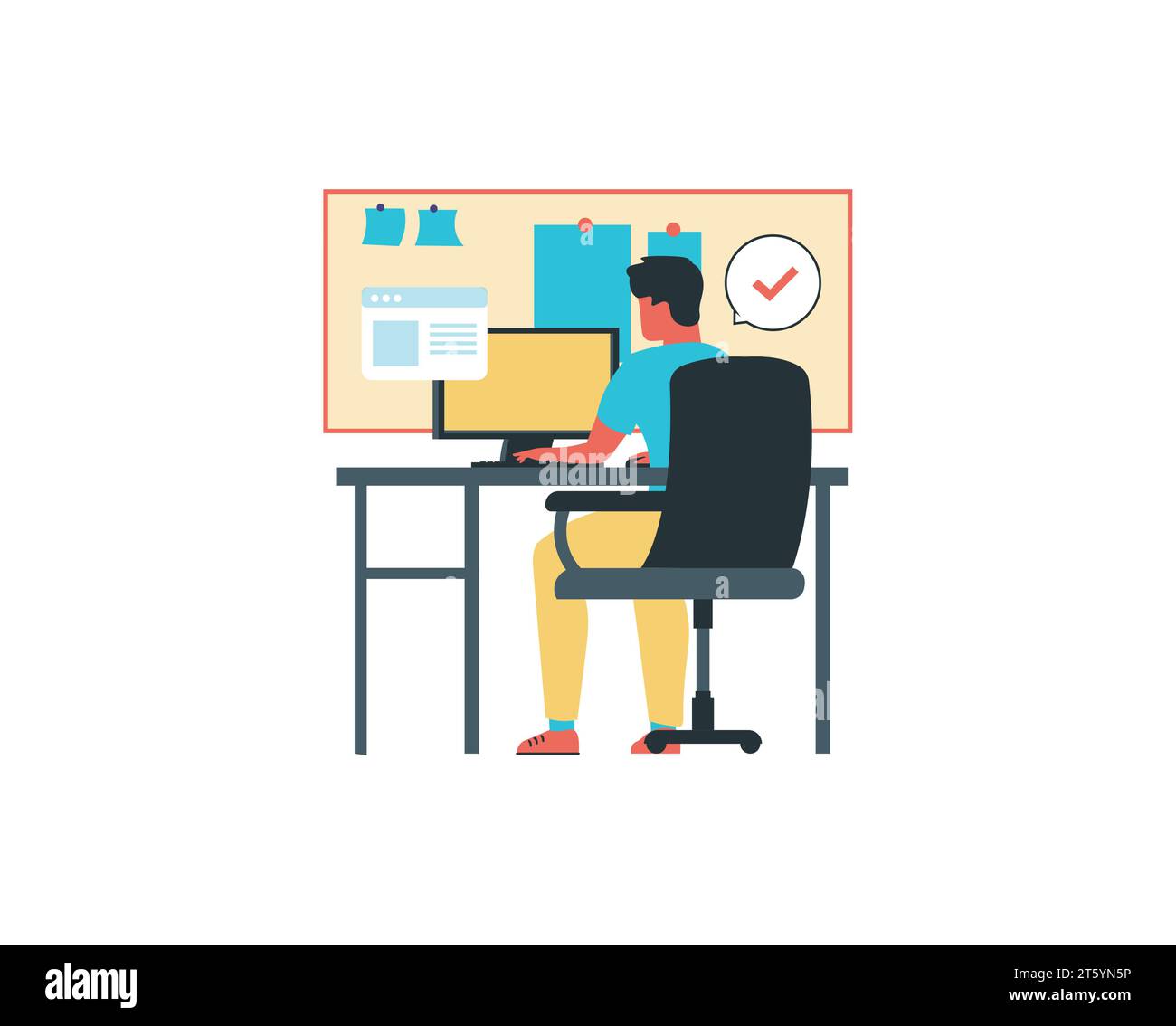 a young man working with desk and computer in the bedroom vector illustration design Stock Vector