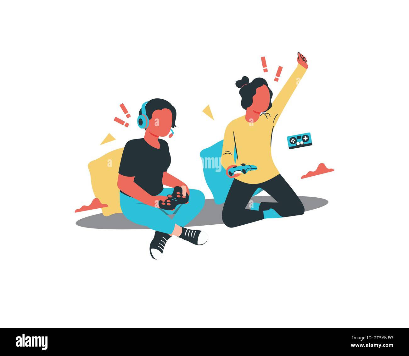 Young man and woman playing video games together. Flat vector illustration. Stock Vector
