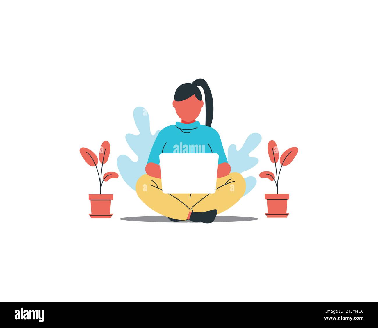 young woman sitting on the floor with a laptop in her hands. Flat ...