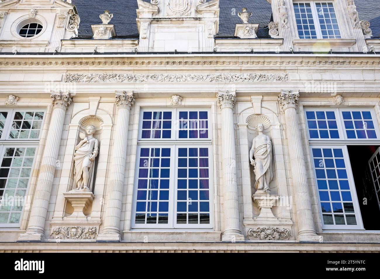 Historic Town Hall of La Rochelle, Hotel de Ville, decorative facade with sculptures, Charente-Maritime department, France Stock Photo