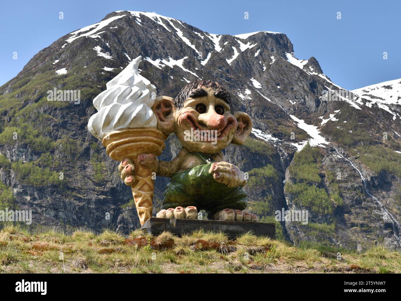 Troll with soft ice cream at Trollstigen, Norway Stock Photo