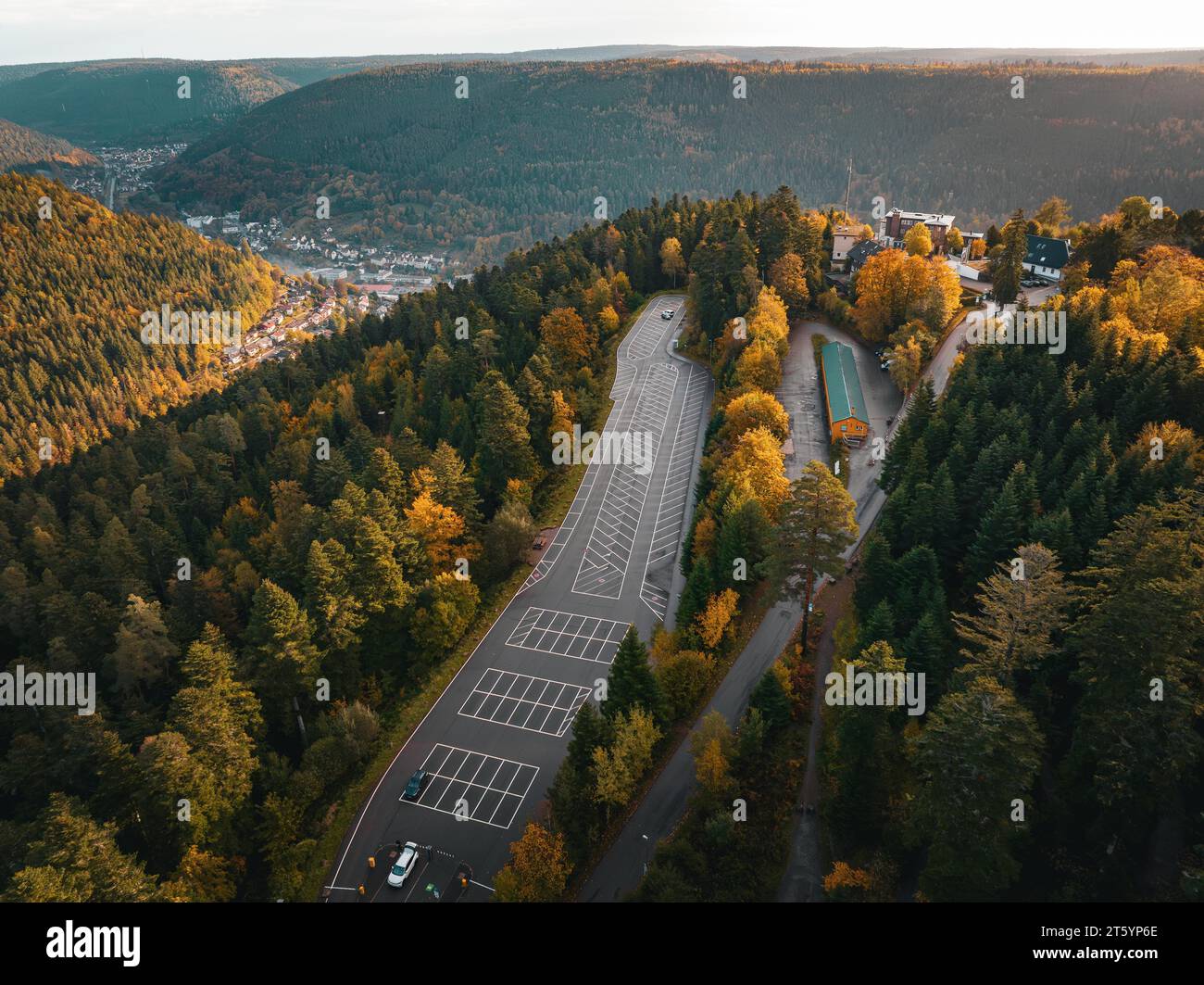 Car park in autumn forest, Sommerberg, Black Forest, Bad Wildbad, Germany Stock Photo