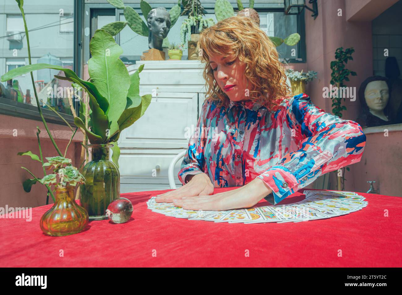 adult blonde Argentinian tarot reader woman, sitting at home spreading fan-shaped deck of cards on table, to start reading and therapy Stock Photo