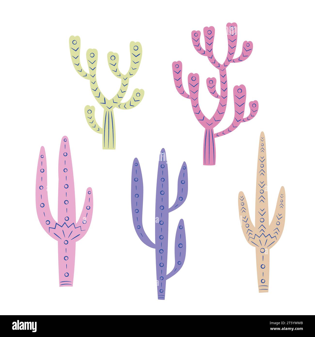 Bohemian ethnic cute cactuses with ornament. Simple wild west desert plants set. Stock Vector