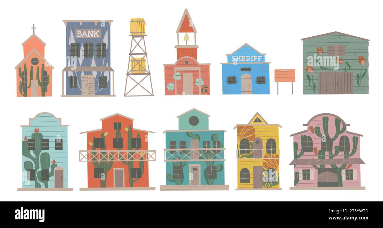 Wild west town houses set. Western bright floral graffities wood buildings. Stock Vector