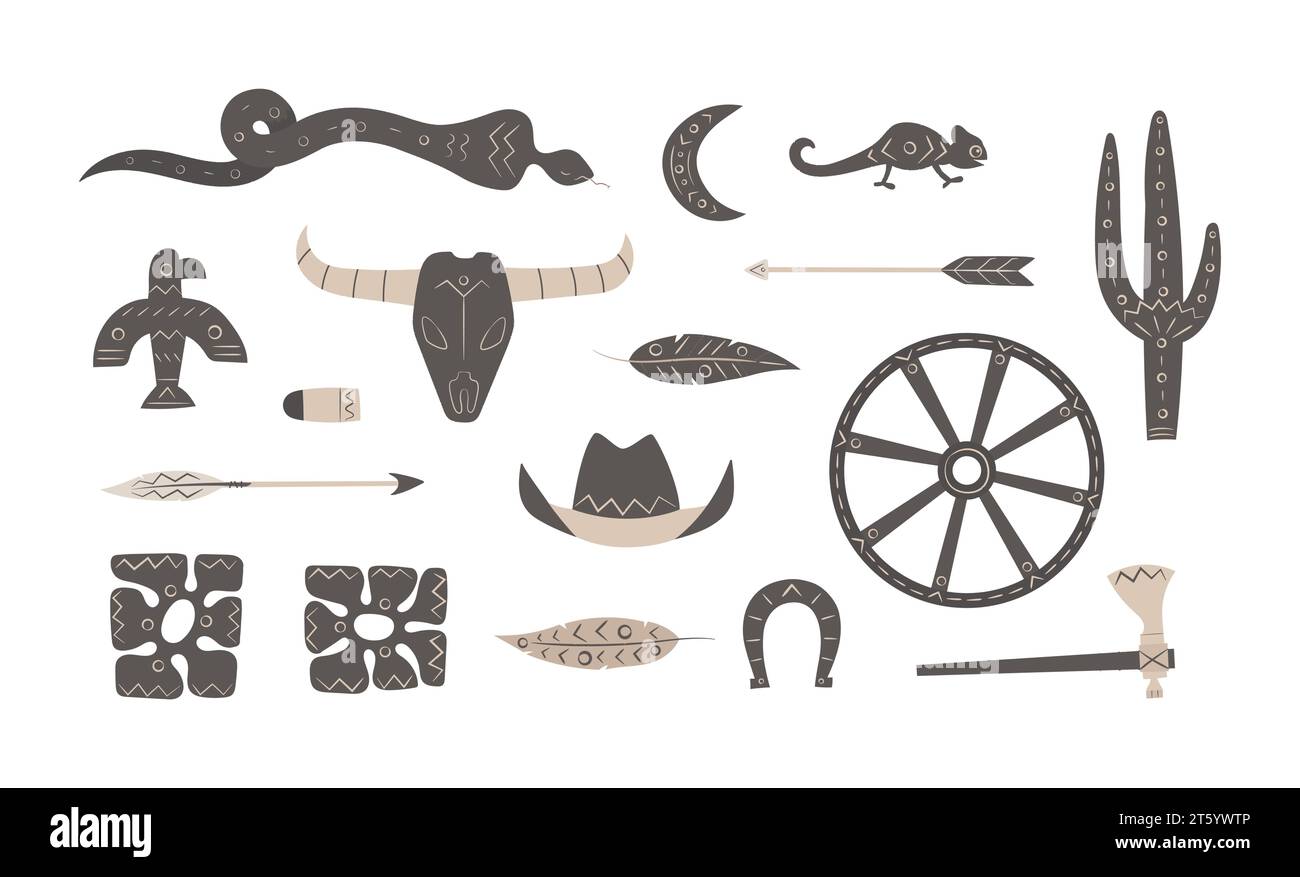 Ethnic boho aztec elements set. Western native folk shapes of wheel, bird, snake, flowers, moon. Stock Vector