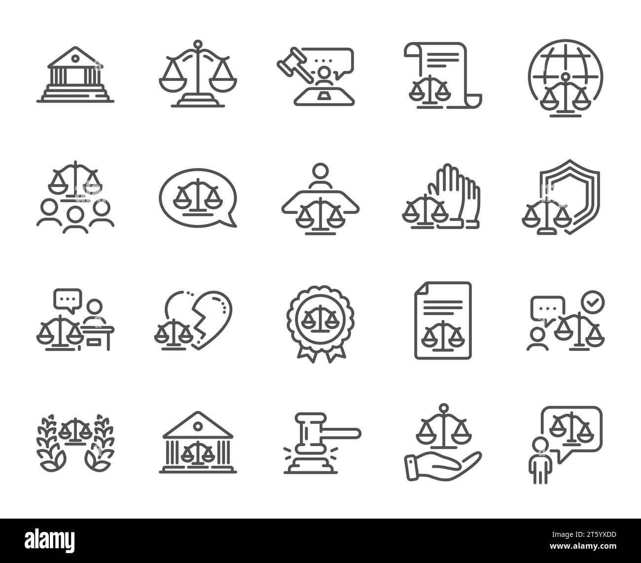 Court line icons. Scales of Justice, Lawyer and Judge. Hammer, Law and Petition document. Vector Stock Vector