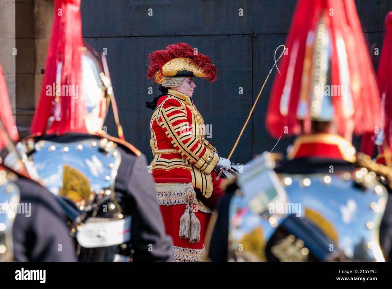 Westminster, London, UK. 7th November 2023. Military in ceremonial uniform ahead of His Majesty King Charles III arrival at the Palace of Westminster for the State opening of Parliament. It will be His Majesty's first King's Speech since becoming Monarch. Photo by Amanda Rose/Alamy Live News Stock Photo