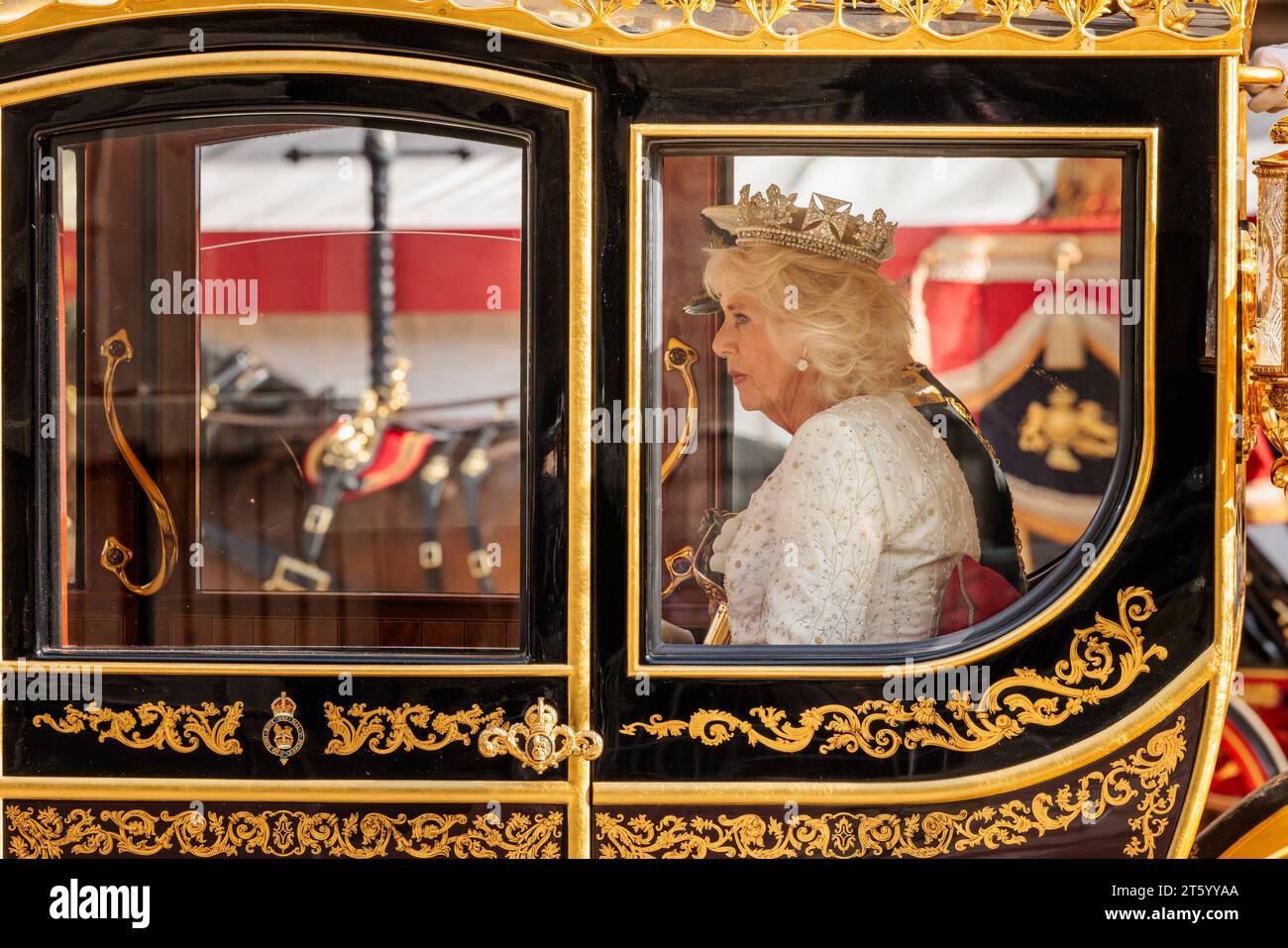 Westminster, London, UK. 7th November 2023. Her Majesty Queen Camilla, wearing the George IV State Diadem, leaving the Palace of Westminster following the State opening of Parliament. It was His Majesty's first King's Speech since becoming Monarch. Photo by Amanda Rose/Alamy Live News Stock Photo
