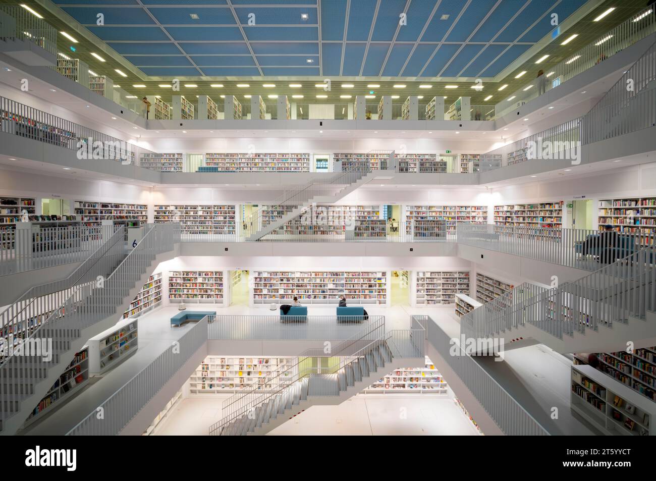 Interior view, gallery hall with staircases of the city library, architect Eun Young Yi, Stuttgart, Baden-Wuerttemberg, Germany Stock Photo
