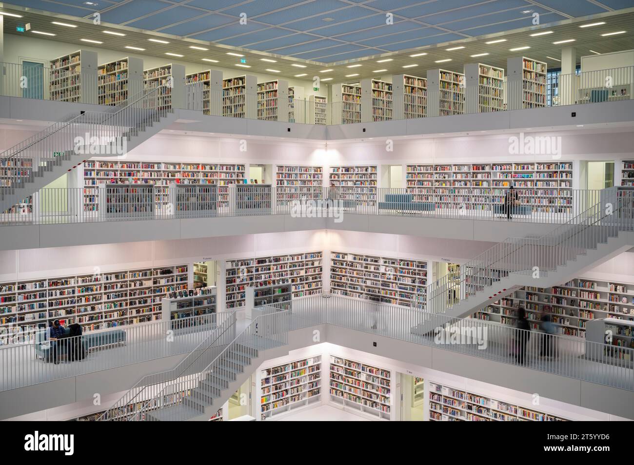 Interior view, gallery hall with staircases of the city library, architect Eun Young Yi, Stuttgart, Baden-Wuerttemberg, Germany Stock Photo