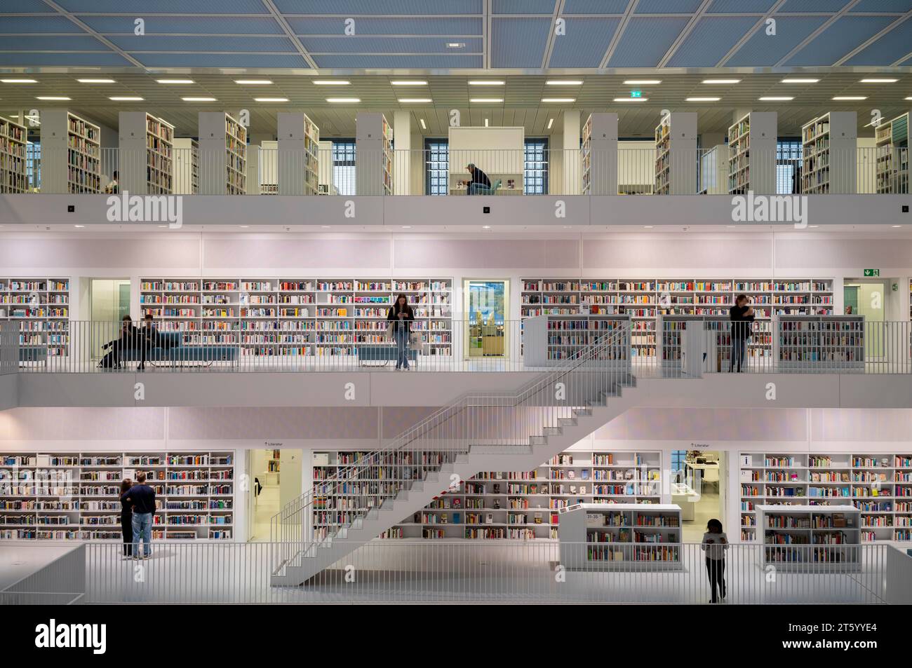 Interior view, gallery hall with staircases of the city library, architect Eun Young Yi, Stuttgart, Baden-Wuerttemberg, Germany Stock Photo