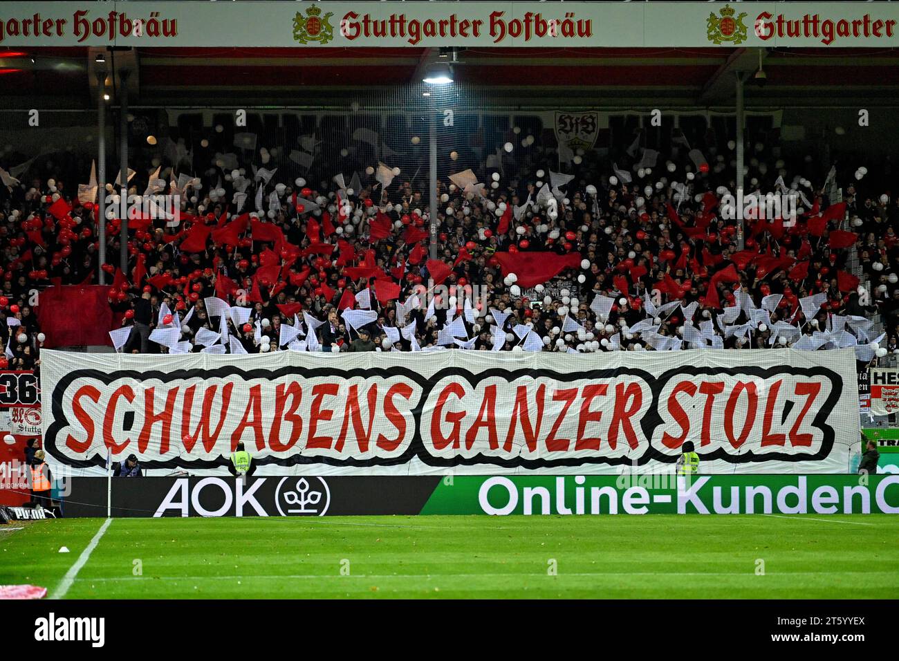 Fanblock VfB Stuttgart, Choreo, Choreography, Banner, SCHWABENS GANZER STOLZ, Voith-Arena, Heidenheim, Baden-Wuerttemberg, Germany Stock Photo