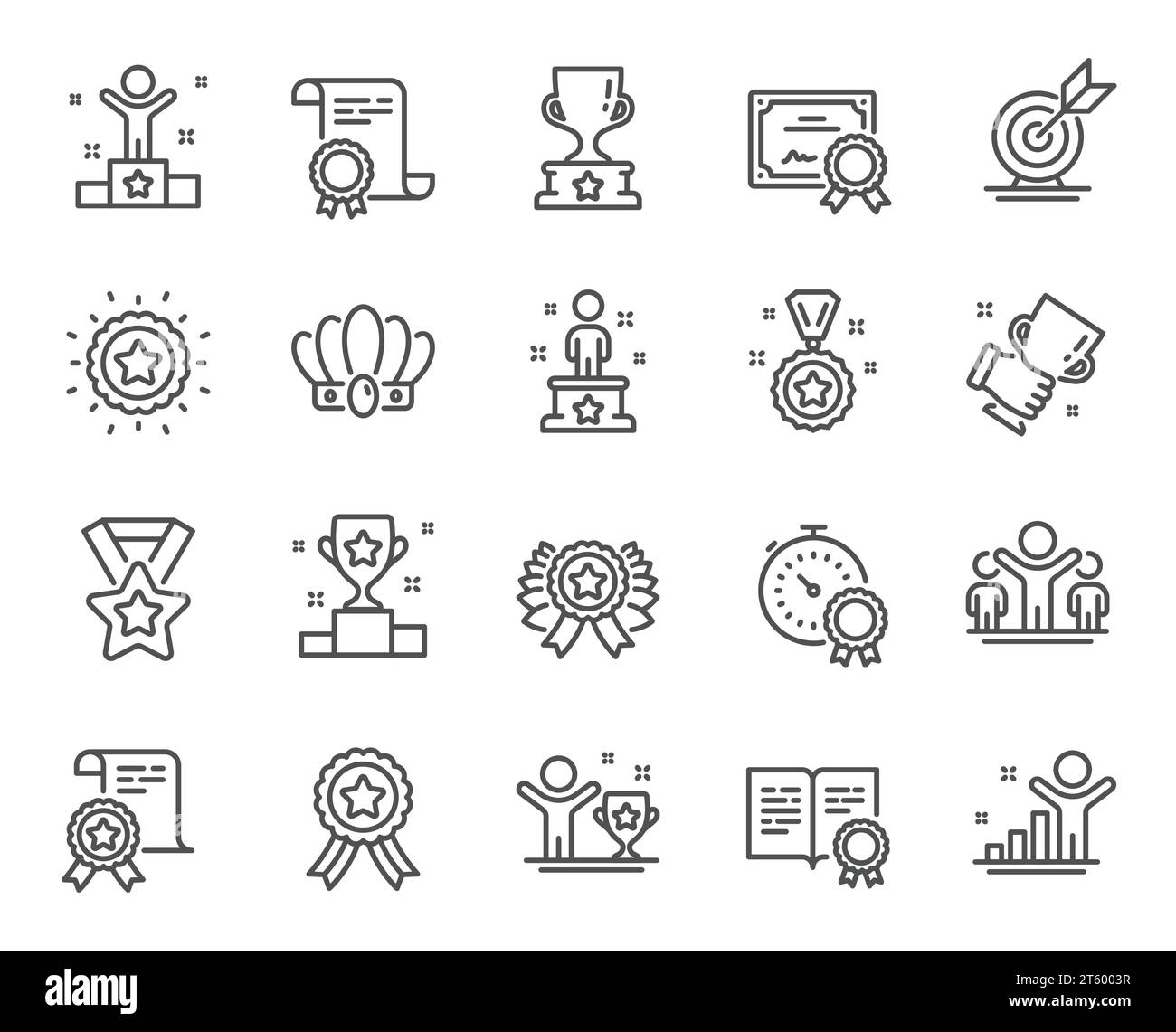 Success line icons. Winner cup, goal target, certificate. Reward, medal with ribbon, crown. Vector Stock Vector