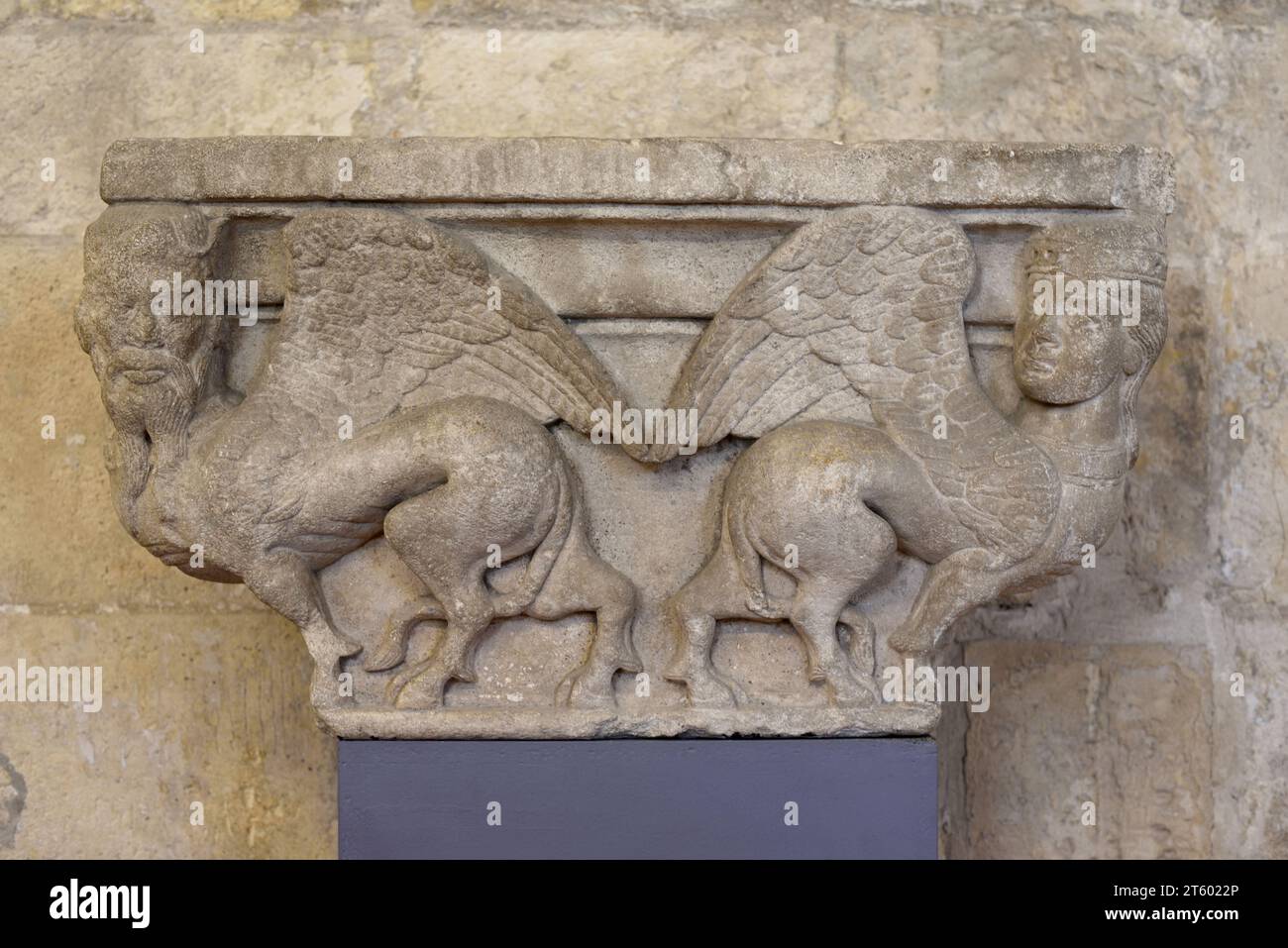 Stone Carved Capital Mythical Creatures Half-Human Half Beast Humans with Wings & Bovine or Donkey Body Cloisters Church Saint Trophime Arles France Stock Photo
