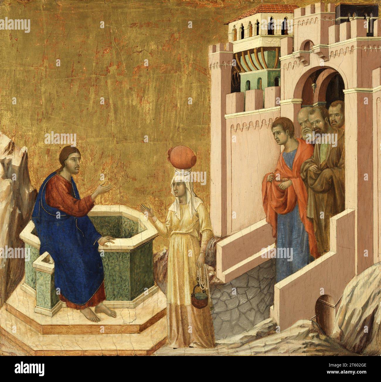 Title: Christ and the Samaritan Woman Artist: Duccio di Buoninsegna Date: 1310-1311 Content: A panel painting that depicts Jesus and the Samaritan woman conversing at a well. Jesus is seated on the edge of the well, and the Samaritan woman is standing in front of him. Both are dressed in simple robes. The background of the painting is a landscape with a river and trees. Dimensions: 17.1 x 18.1 inches (43.5 x 46 cm) Medium: Tempera and gold on panel Location: Museo Nacional Thyssen-Bornemisza, Madrid Stock Photo