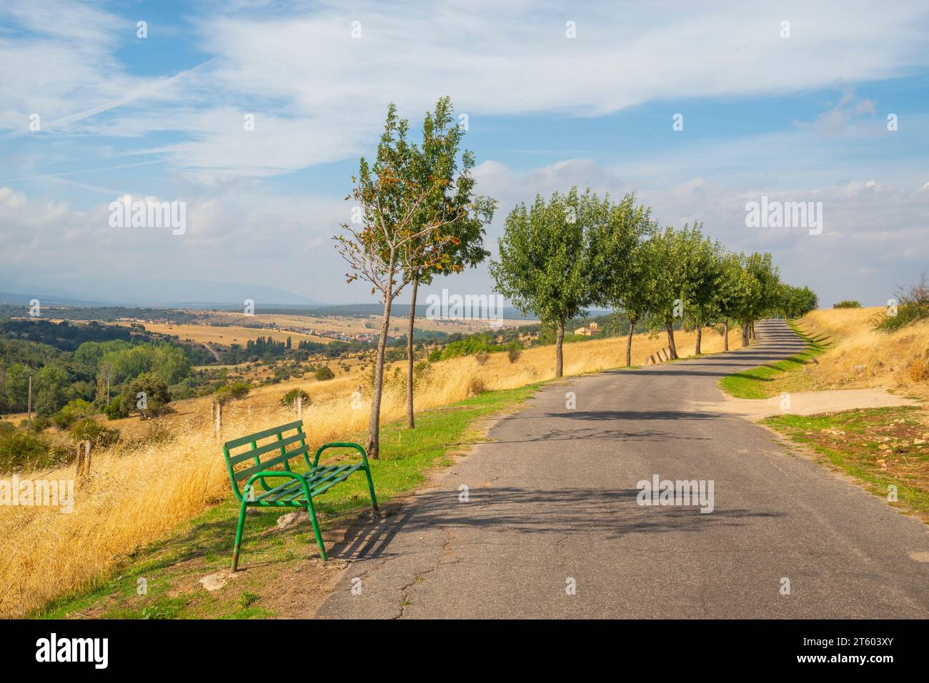 Way and bench. Cerezo de Arriba, Segovia province, Castilla Leon, Spain. Stock Photo