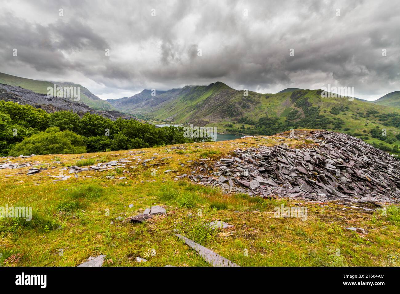 View of Llanberis and the nant Peris pass from Dinorwic slate quarry in Snowdonia or Eryri National Park, North Wales, UK, landscape Stock Photo