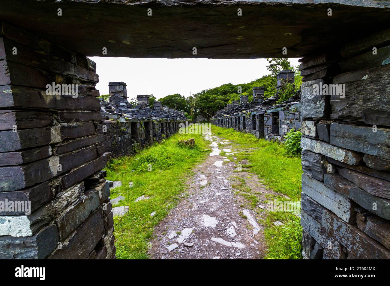 Entrance to Anglesey Barracks, derelict accommodation at Dinorwic slate quarry in Snowdonia or Eryri National Park, North Wales, UK, landscape Stock Photo