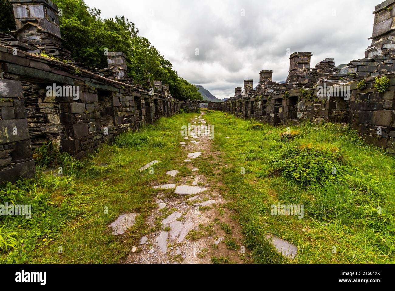 Entrance to Anglesey Barracks, derelict accommodation at Dinorwic slate quarry in Snowdonia or Eryri National Park, North Wales, UK, landscape, wide a Stock Photo