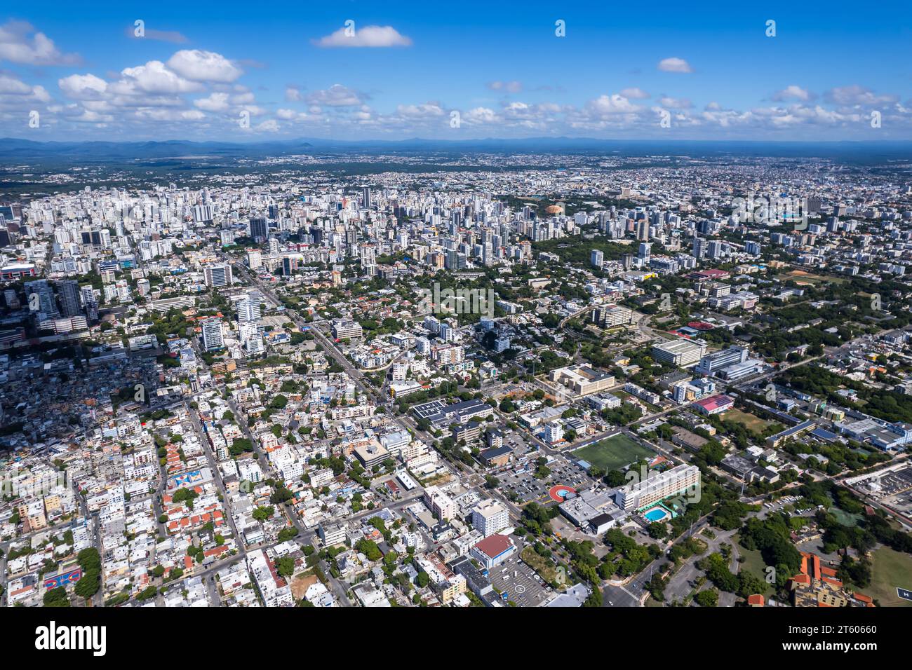Aerial view Santo Domingo, Capital Of Dominican Republic, its beautiful streets and buildings, la Fuente Centro de los Heroes, the Pabellón de heroes Stock Photo