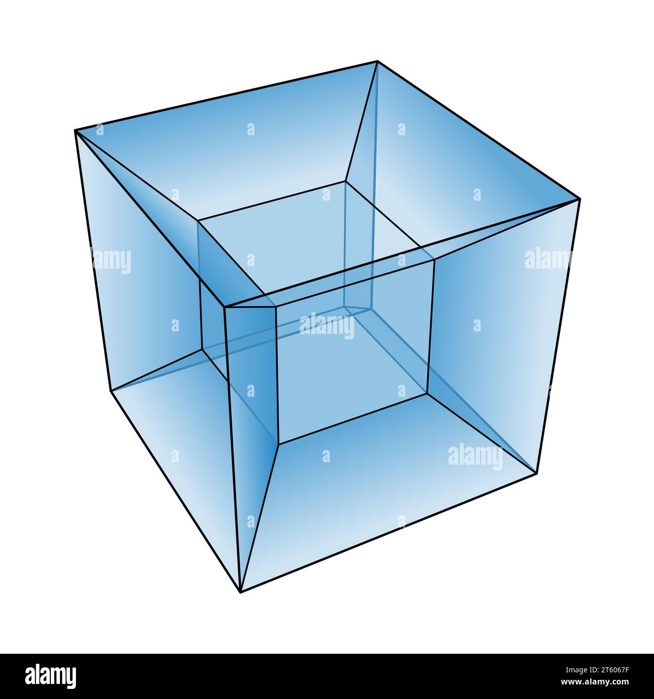 Projection of a tesseract, a four-dimensional hypercube. Also called 8-cell, C8, octachoron, octahedroid, cubic prism, and tetracube. Stock Photo