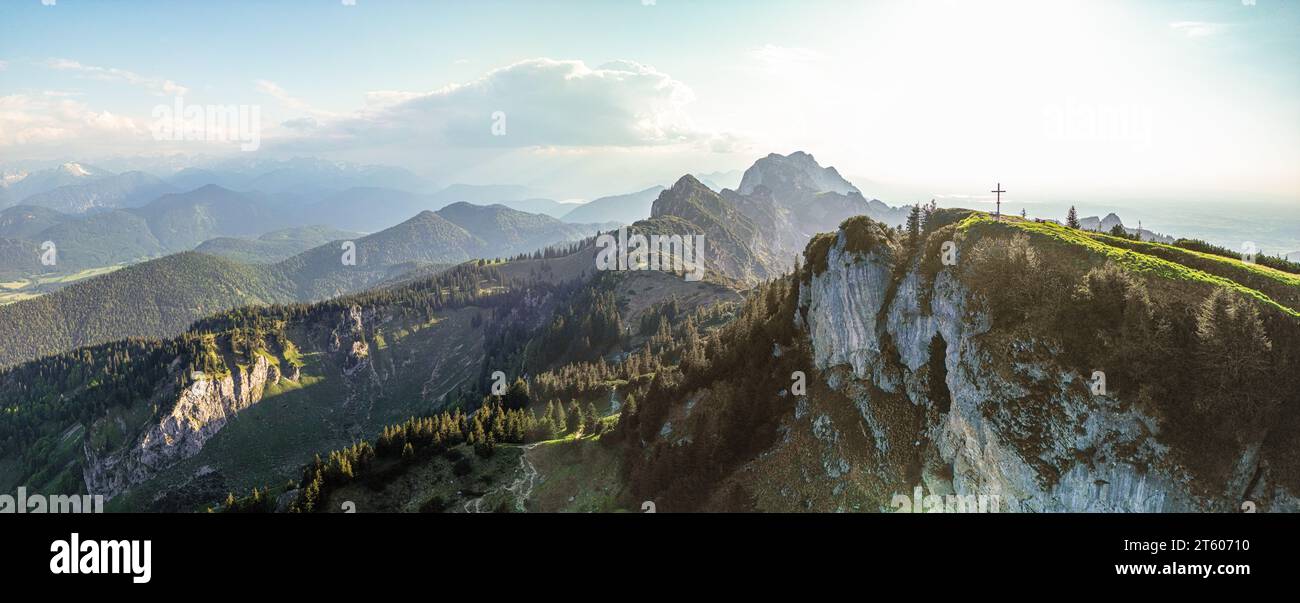Brauneck Bavarian Alps mountain peak at sunset. Karwendel Aerial Panorama Stock Photo