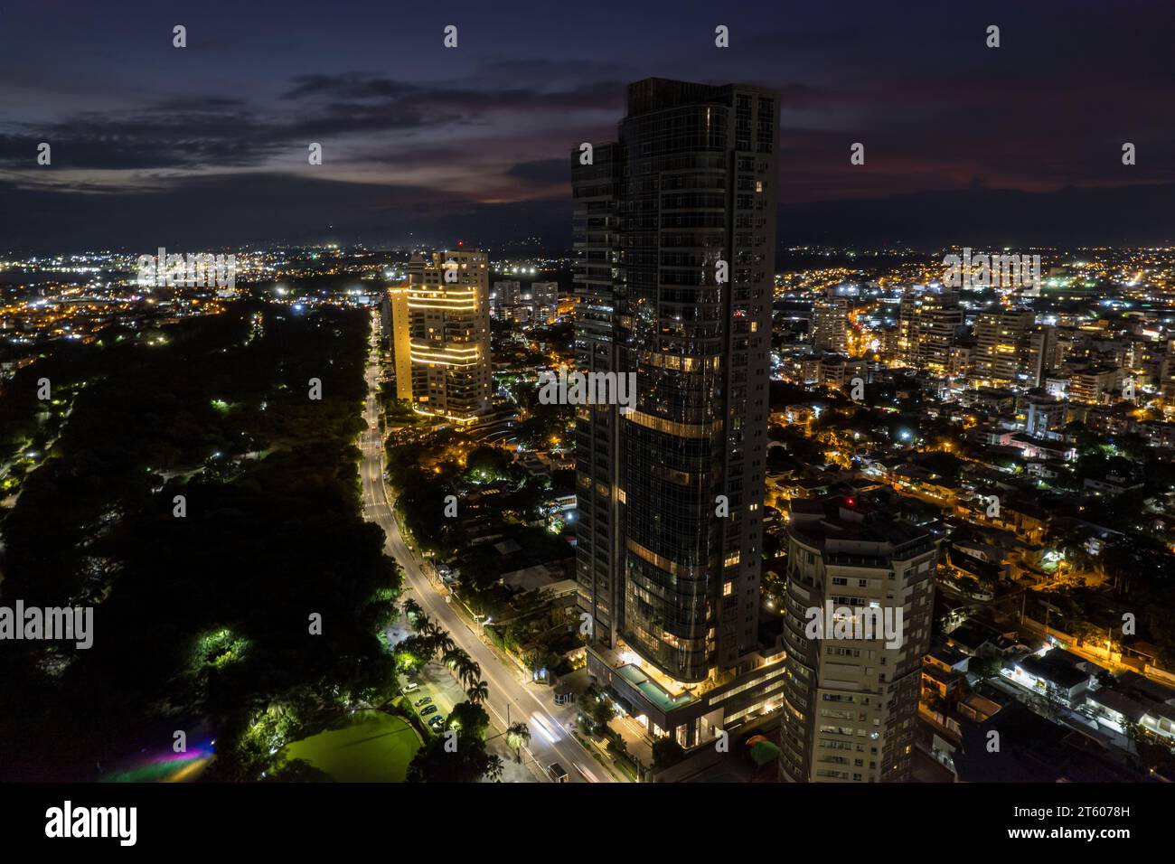 Aerial view Santo Domingo, Capital Of Dominican Republic, its beautiful streets and buildings, la Fuente Centro de los Heroes, the Pabellón de heroes Stock Photo