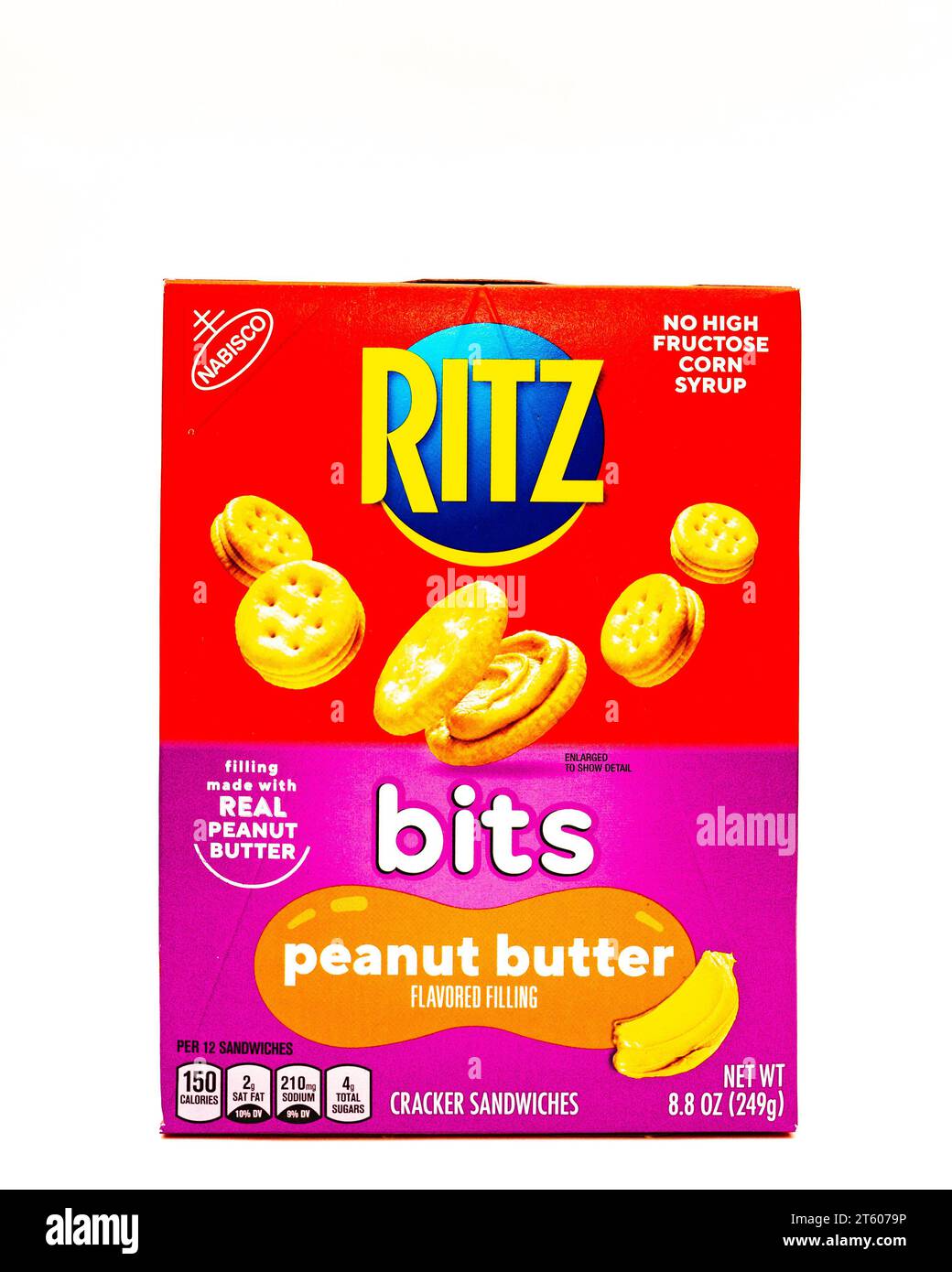 Image of a box of Nabisco Ritz bits cracker sandwiches with peanut butter filling a perfect snack food in a colorful package. Stock Photo