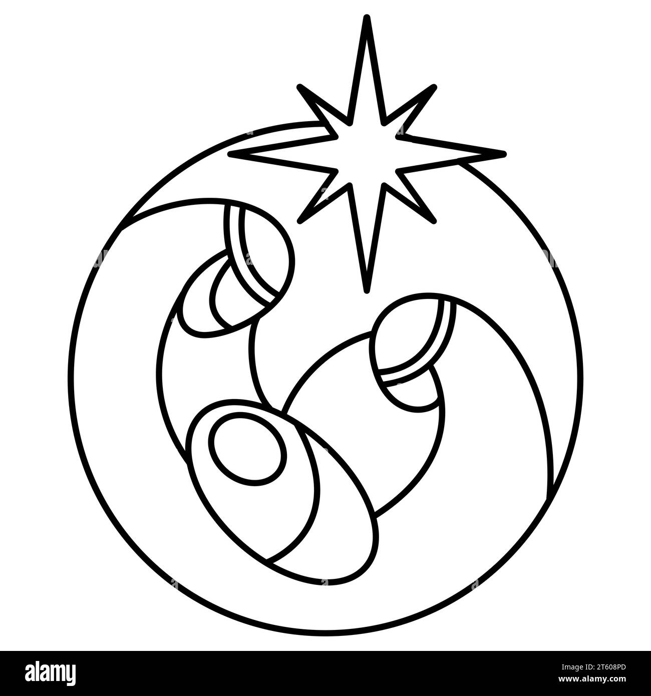 Christmas Vector Christian icon baby Jesus with Joseph and Mary and star. Religious Nativity Scene of round Logo illustration sketch. Doodle hand Stock Vector