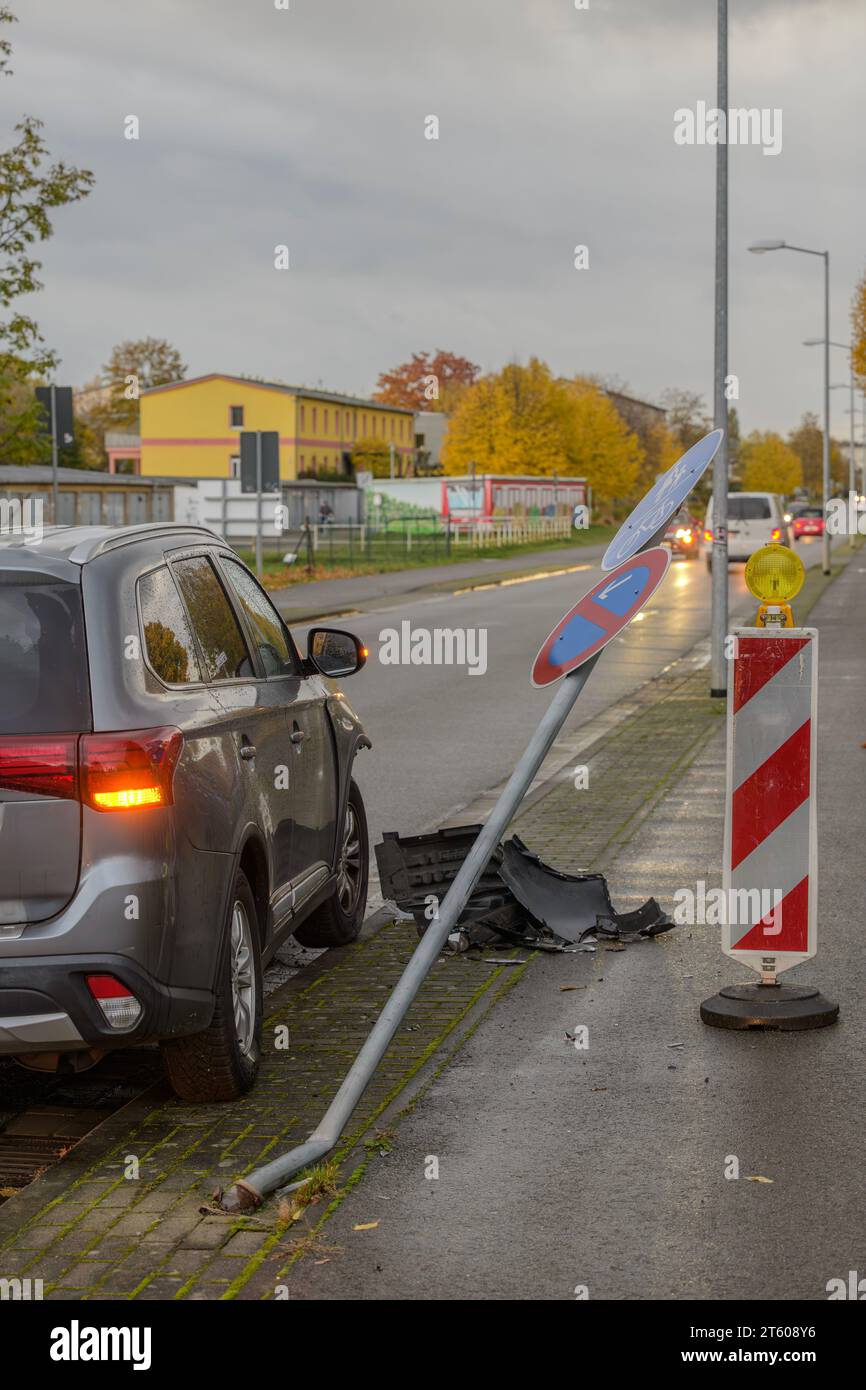Knocked over a traffic sign in an accident Stock Photo