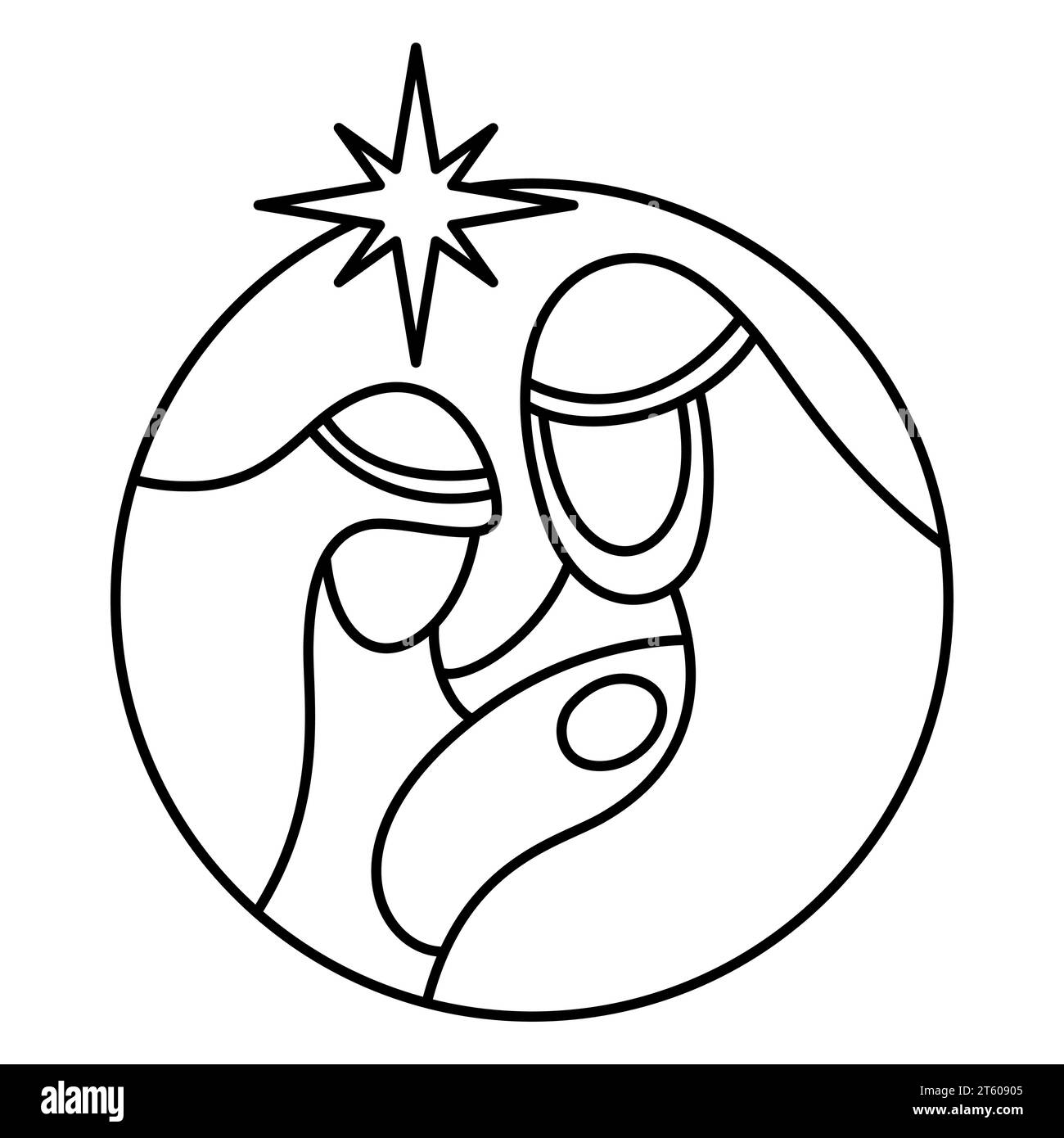 Christmas Vector Christian icon baby Jesus with Joseph and Mary and star. Religious Nativity Scene of round Logo illustration sketch. Doodle hand Stock Vector